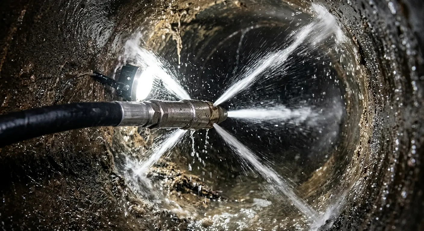 High-pressure hydro jetting nozzle cleaning sewer pipe for Trenchless Sewer Repair in Cusseta-Chattahoochee County
