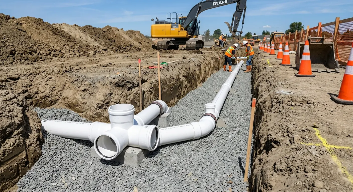 New PVC sewer pipe installation in open trench for Commercial Drain Cleaning in Cusseta-Chattahoochee County