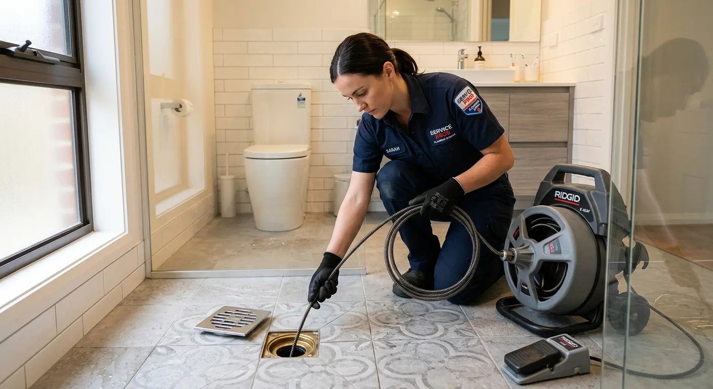 Technician clearing a bathroom floor drain for Drain Repair in Cusseta-Chattahoochee County